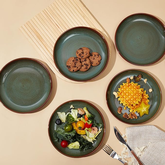 Pokini Stoneware Dessert Pates 8 Inch, Microwave Safe Plates, Reactive Glaze Small Dinner Plate, Scratch Resistant and Dishwasher Safe, Brown Green