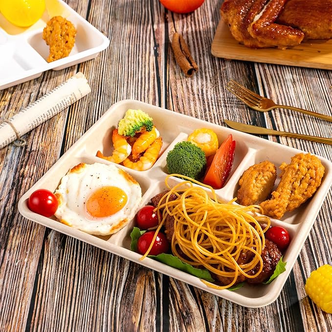 WELLIFE 125 Pack Kids Small 5-Compartment Paper Plates, 10.25x8.25 Inch 100% Compostable Divided Plates, Disposable School Lunch Trays, Eco-Friendly Bagasse Plate for Boys Girls and Youth (BPA Free)