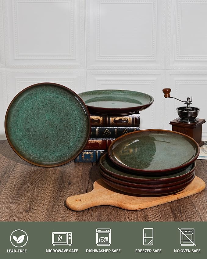 Pokini Ceramic Dinner Plates Set of 6, 10 Inch Handmade Reactive Glaze Stoneware Plates, Modern Rustic Dinnerware, Microwave & Dishwasher Safe, Scratch Resistant-Brown and Green