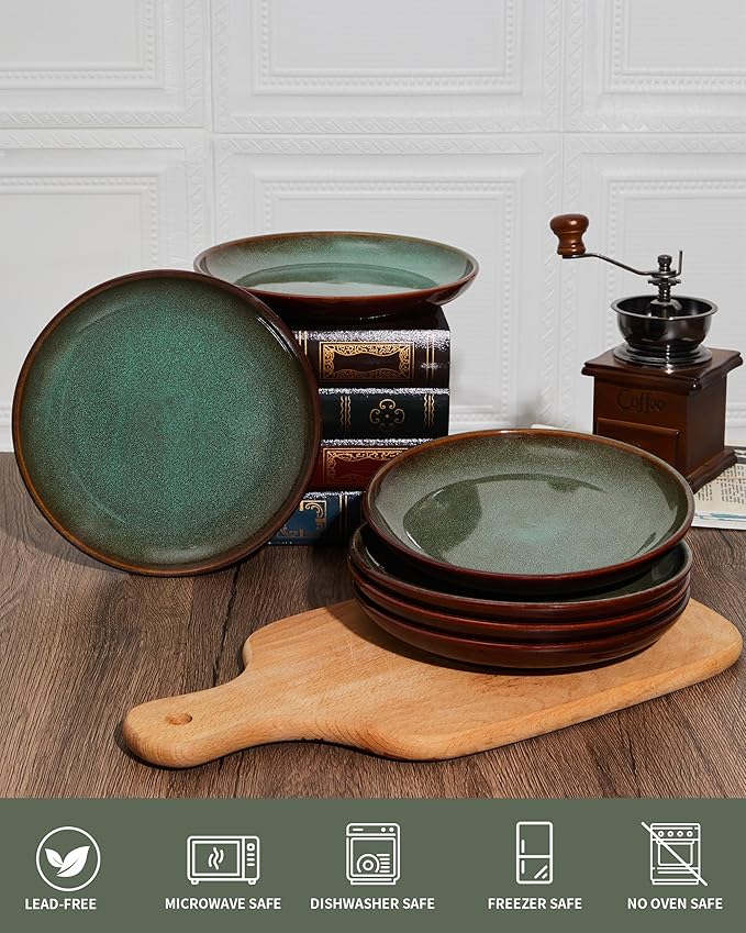 Pokini Ceramic Salad Plates Set of 6, 8.0 Inch Reactive Glaze Dish Set, Small Dinner Plate for Dessert, Salad, Appetizer, Microwave & Dishwasher Safe, Scratch Resistant-Brown and Green