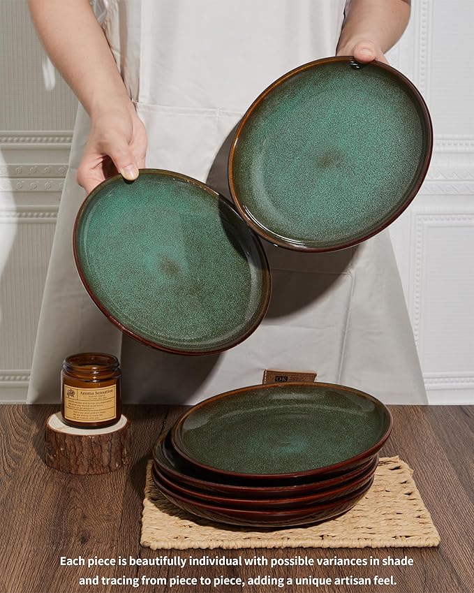 Pokini Ceramic Salad Plates Set of 6, 8.0 Inch Reactive Glaze Dish Set, Small Dinner Plate for Dessert, Salad, Appetizer, Microwave & Dishwasher Safe, Scratch Resistant-Brown and Green