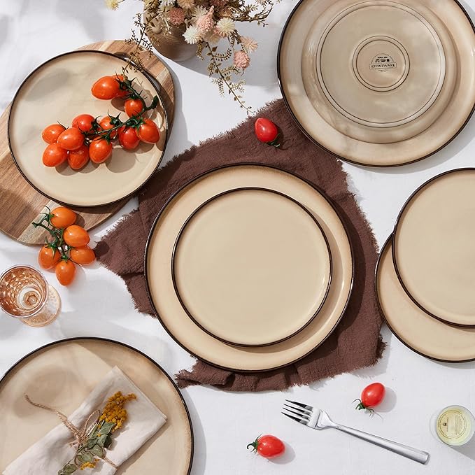 Herogo Ceramic 7.9 Inch Dinner Dessert Plates Set of 4, Small Stoneware Dinnerware Plate Set, Double Reactive Glaze Large Dinnerware Plates for Kitchen, Microwave, Oven & Dishwasher Safe, Cream Khaki
