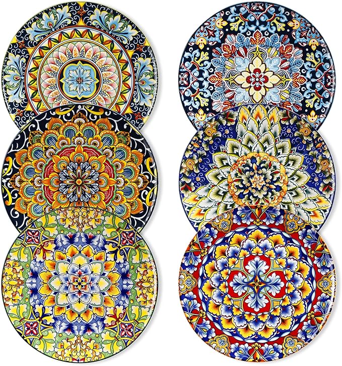 vancasso Salad Plates Set of 6-8.5 Inch Ceramic Dessert Plate, Small Dinner Plate Set, Microwave, Oven and Dishwasher Safe, Colorful Bohemian Style Dishes for Kitchen
