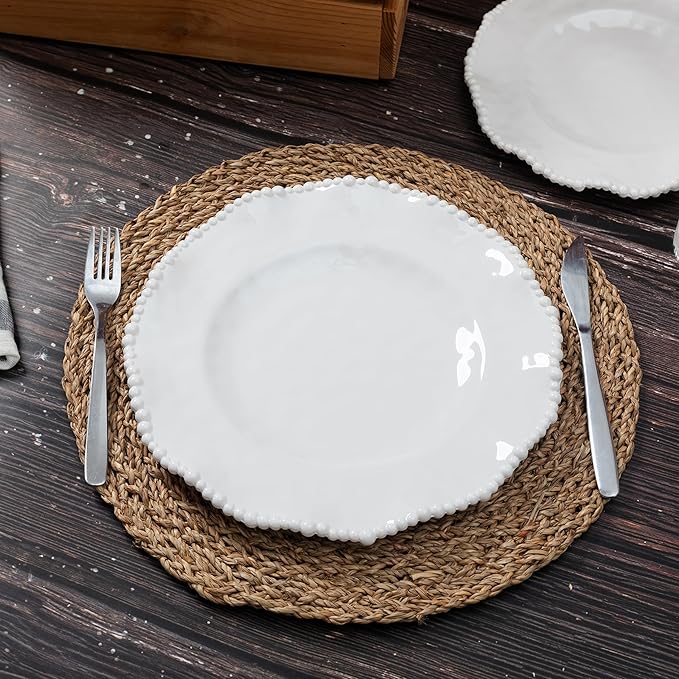 Cream Beaded Dinner Plate Set, 11-inch Chip Resistant, Lightweight Round Kitchen Plates Set for Salad, Pasta –Unbreakable RV, Camping Dining Serving Dishes for Parties