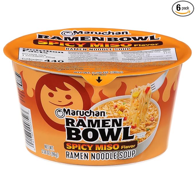 Maruchan Ramen Bowl, Spicy Miso Flavor – Japanese-Style Instant Noodle Soup, Microwaveable Easy Meal for Busy Families – 3.39 Oz. (6 Pack)