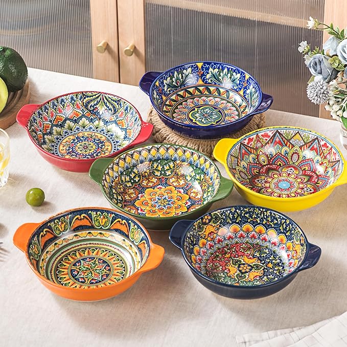 Henten Home Ceramic Cereal Bowls Set，25 oz Soup Bowls Set of 6, Colorful Serving Bowl with Handle for Kitchen, Microwave & Dishwasher Safe for Soup, Fruit, Pasta, Bohemian Style