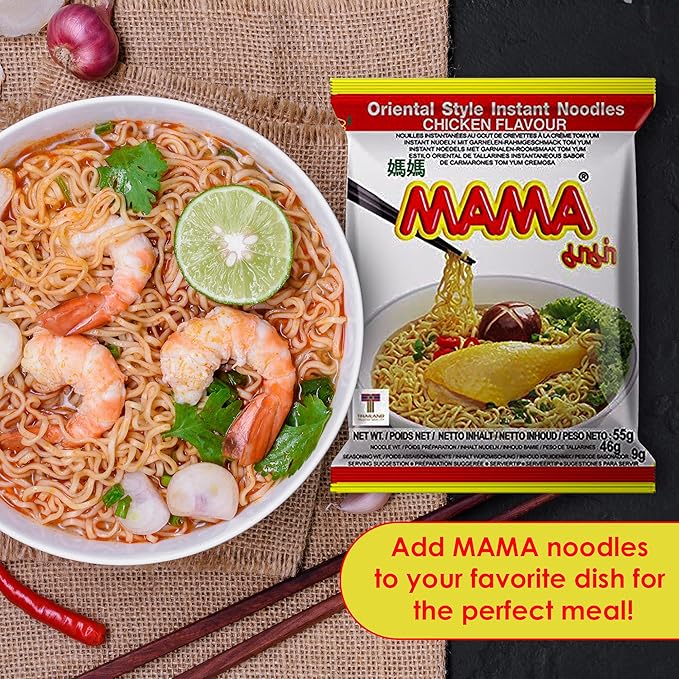 MAMA Noodles CHICKEN Instant Spicy Noodles with Delicious Thai Flavors, Hot And Spicy Noodles with Chicken Soup Base, No Trans Fat with Fewer Calories Than Deep Fried Noodles (Chicken Flavor, 30 Pack)