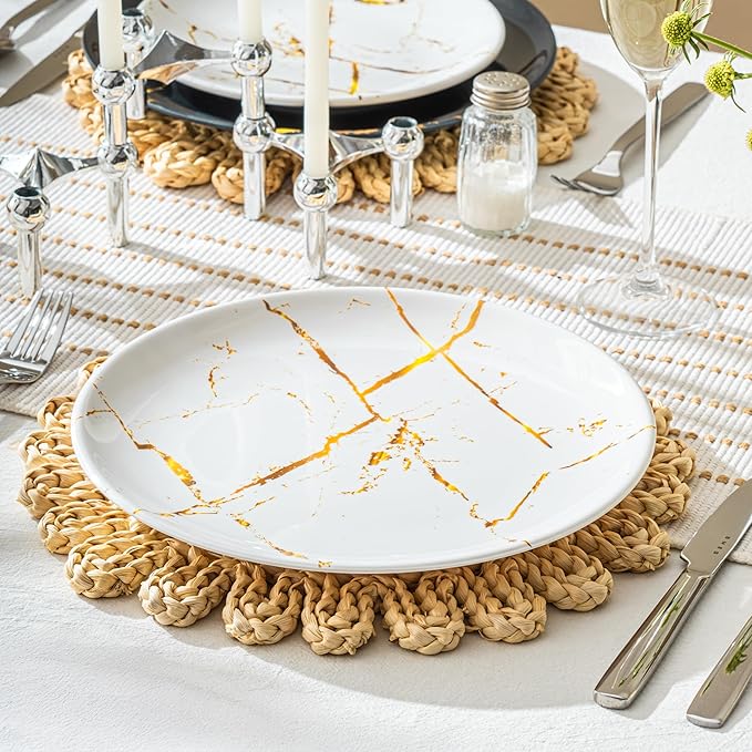 UNK U 10.5-Inch Marble Melamine Plates Set of 6, Black and White Marble Dinner Plates with Gold Accents, Dishwasher Safe Modern Plates for Wedding Dining & Special Events