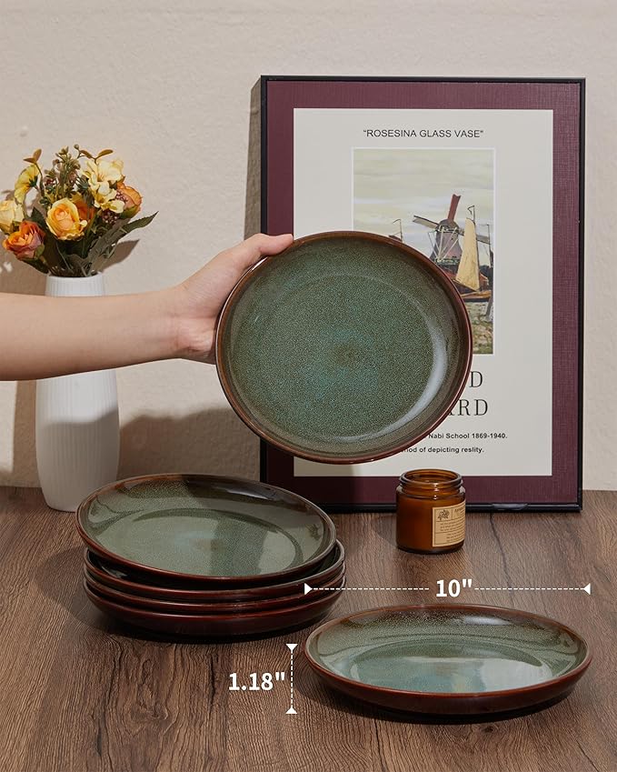 Pokini Ceramic Dinner Plates Set of 6, 10 Inch Handmade Reactive Glaze Stoneware Plates, Modern Rustic Dinnerware, Microwave & Dishwasher Safe, Scratch Resistant-Brown and Green