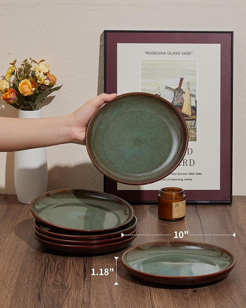 Pokini Ceramic Dinner Plates Set of 6, 10 Inch Handmade Reactive Glaze Stoneware Plates, Modern Rustic Dinnerware, Microwave & Dishwasher Safe, Scratch Resistant-Brown and Green