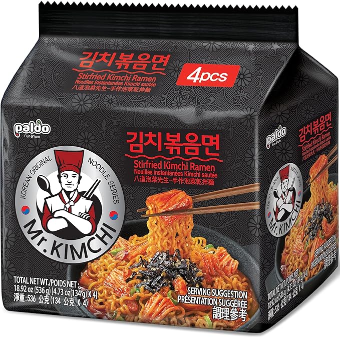 Paldo Fun & Yum Mr. Kimchi Ramen Stir Fried Instant Noodles, Stir-fried Kimchi Flavored, Soupless Original Korean Ramyun, Spicy Ramen Challenge, 미스터 김치 김치볶음면 134g (4.72 oz) x 4 Pack