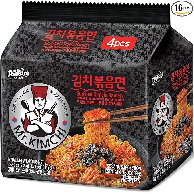 Paldo Fun & Yum Mr. Kimchi Ramen Stir Fried Instant Noodles, Stir-fried Kimchi Flavored, Soupless Original Korean Ramyun, Spicy Ramen Challenge, 미스터 김치 김치볶음면 Family Pack 134g (4.72 oz) x 16
