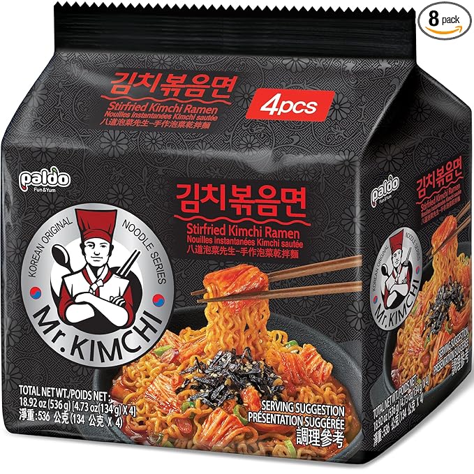 Paldo Fun & Yum Mr. Kimchi Ramen Stir Fried Instant Noodles, Stir-fried Kimchi Flavored, Soupless Original Korean Ramyun, Spicy Ramen Challenge, 미스터 김치 김치볶음면 134g (4.72 oz) x 8 Pack