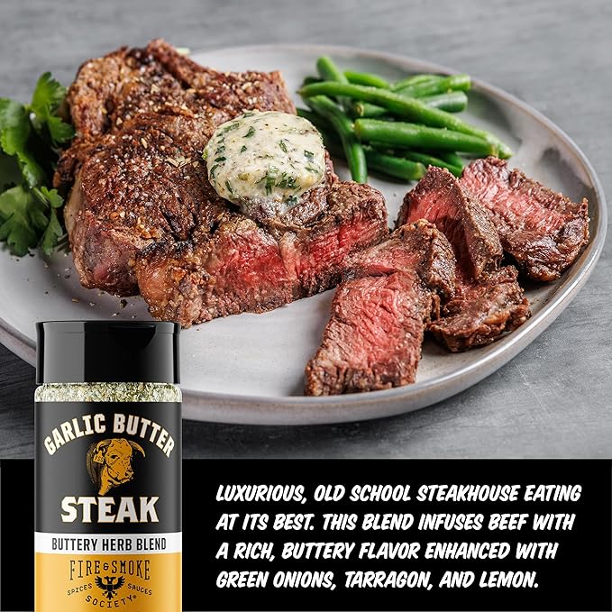 Fire & Smoke Society Garlic Butter Steak Seasoning | BBQ Rubs, Steak Rub for Smoking and Grilling Meat | Steaks, Brisket, Burgers Dry BBQ Rubs and Spices | M, 6.2 oz
