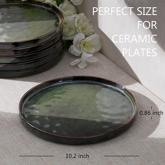 LIANYU Ceramic Dessert Plates Set of 6, 10.2 Inch Kitchen Dinner Plates Set, Porcelain Serving Dishes for Cake, Bread, Salad, Snack and Steak, Microwave, Oven and Dishwasher Safe, Ink Green