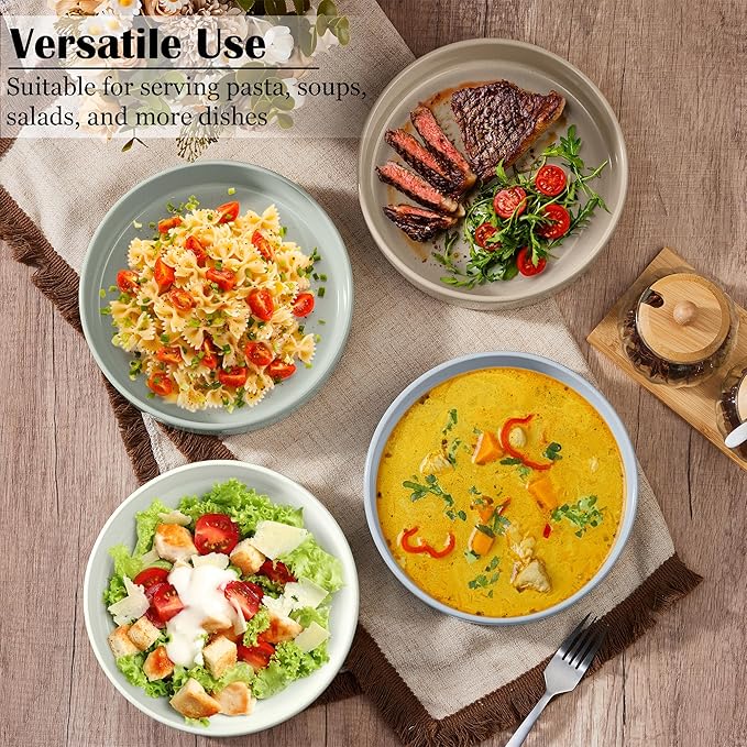 E-far Pasta Bowls Set of 4, 35oz Ceramic Large Salad Bowl Plates for Serving Soup Dinner, Shallow Stoneware Pasta Plate, Microwave & Dishwasher Safe, Speckled Multicolor