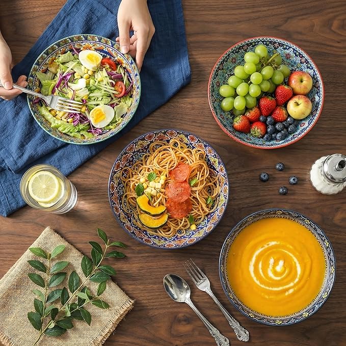glowworm Pasta Bowls Set of 4, 42 oz Ceramic Salad Bowls for Kitchen, 9.7 Inch Colorful Serving Bowls for Soup, Dinner, Fruit, Dishwasher & Microwave Safe, Bohemian
