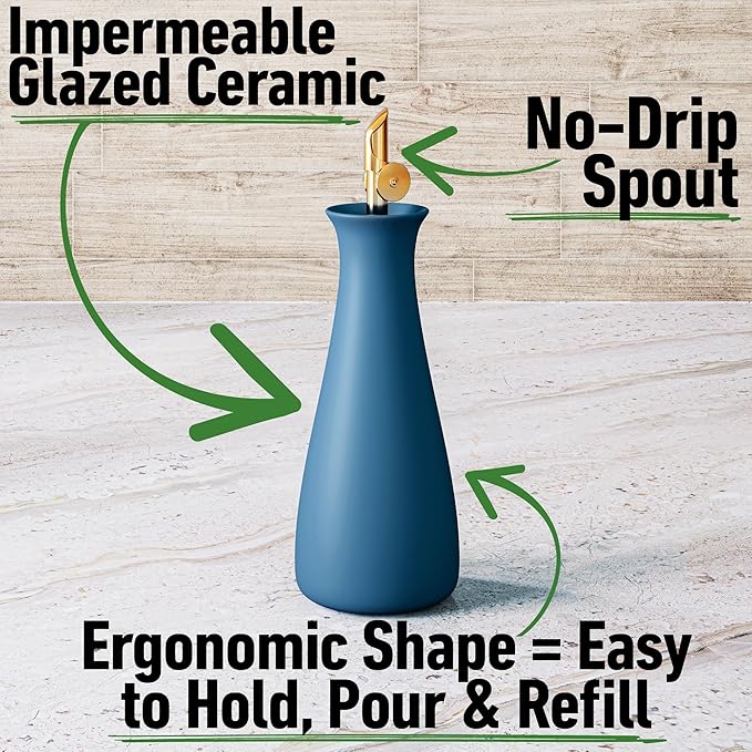 Ceramic Olive Oil Dispenser with Self-Closing Gold Spout - 530 ML Capacity Matte Blue Ceramic Oil Dispenser for Kitchen - Leak Proof EVOO Dispensing Bottle - Stylish, Ergonomic, Durable, Easy Pour
