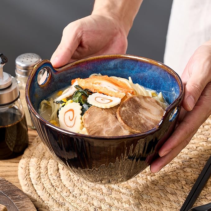 Ramen Bowl with Chopsticks and Spoons Set, 7 Inch Ceramic Noodle Bowl Set of 2, Dishwasher Safe for Pho Udon Soba Noodle Salad Pasta, Special Reactive Blue Bowls Set, Midnight Tide