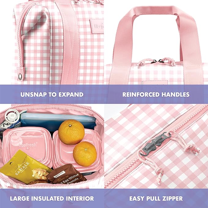 Fit & Fresh Remi Lunch Bag for Women Work – Neoprene Lunch Tote with Containers & Ice Pack, Reusable Meal Prep Lunch Box, Large Capacity, Machine Washable, Pink Gingham