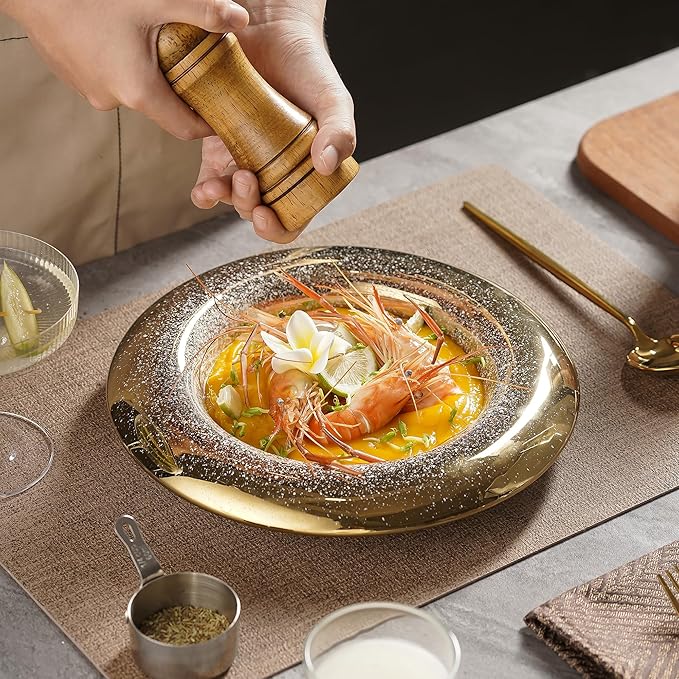 10 Inch Porcelain Dinner Plates Set of 4 - Hand-Decorated Gold Speckled Rim, Restaurant Grade Fine Dining Ceramic Plates for Elegant Presentation, Pasta, Seafood, Salad, Sushi