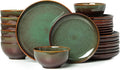 Pokini 24 Piece Dinnerware Sets for 8, Modern Stoneware Plates and Bowls Setst, Perfect for Family Gatherings & Holiday Celebrations, Easy Cleaning Dishes Set, Stack Compactly Dishware, Brown Green