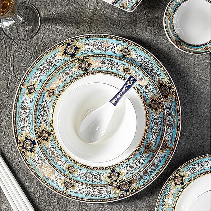 8 Piece Dinnerware Set for 4，Luxury Blue and Gold Porcelain Dinner Plate Set, Ornate Vintage Pattern Ceramic Tableware for Fine Dining, Wedding, Home Decor, Premium Dish sets for Steak and Dessert