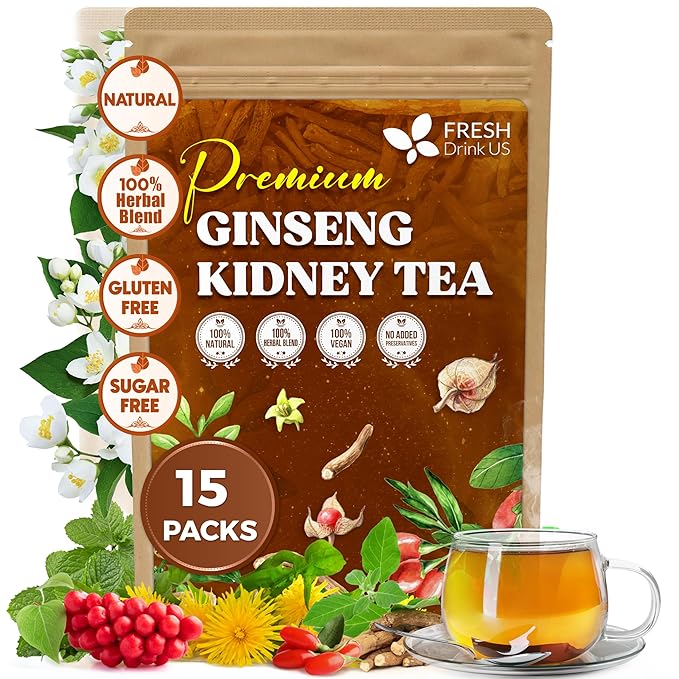 FreshDrinkUS, Ginseng Kidney Tea – 15 Packs of Herbal Detox & Vitality Support | 100% Natural Roots & Berries | Caffeine-Free | Adaptogenic Blend for Energy, Kidney Health, and Wellness