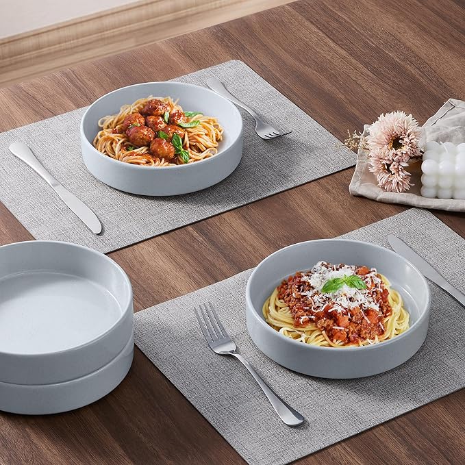 E-far Pasta Bowls Set of 4, 35oz Ceramic Large Salad Bowl Plates for Serving Soup Dinner, Shallow Stoneware Pasta Plate, Microwave & Dishwasher Safe, Speckled Gray