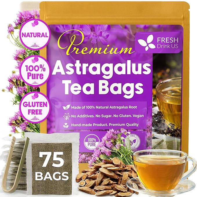 FreshDrinkUS, Premium 75 Astragalus Root Tea Bags, 100% Natural & Pure from Astragalus Root. Astragalus Root Herbal Tea. Made with Natural Material Tea Bags. No Sugar, No Caffeine, No Gluten, Vegan.
