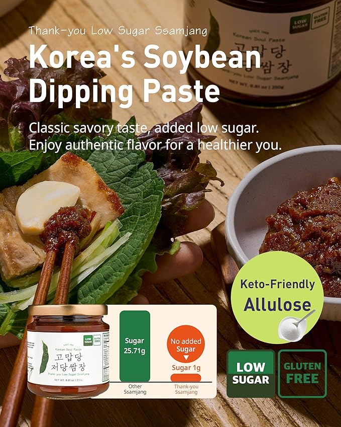 Thank-you Ssamjang Sugar-Free Korean Dipping Paste with Allulose – Doenjang & Gochujang Golden Ratio, No Wheat Flour, Keto-Friendly | Since 1965 Authentic Fermented BBQ & Lettuce Wrap Sauce | 8.81oz (250g)