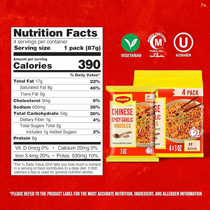 Maggi Chinese Spicy Garlic Noodles, Instant Ramen Noodles, 3 min, Vegetarian, Halal, Kosher, 8-Pack