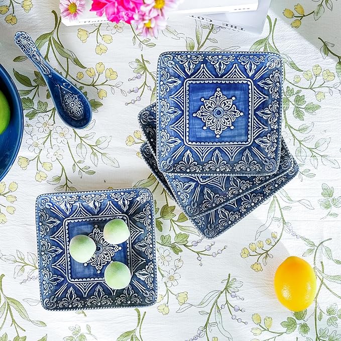 Sungmor Embossed Stoneware Fine Dining Dinnerware, Antique Baroque Style Porcelain 6 Inch Square Appetizer Plates Set of 4, Sophisticated Ceramic Small Dinner Plates Serving Dish for Dessert, Salad