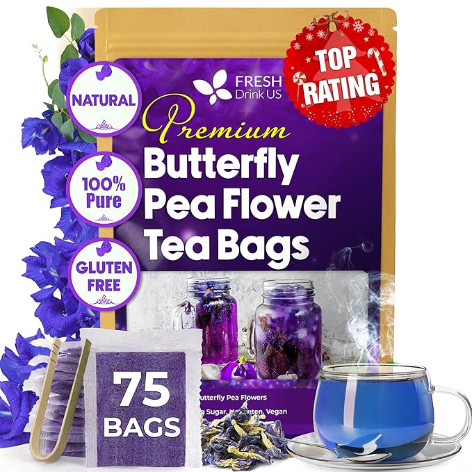 FreshDrinkUS, Premium 55 Blue Butterfly Pea Flowers Tea Bags, 100% Natural and Pure from Butterfly Pea Flowers, Made With Natural Material Tea Bag, No Sugar, No Caffeine, No Gluten, Vegan