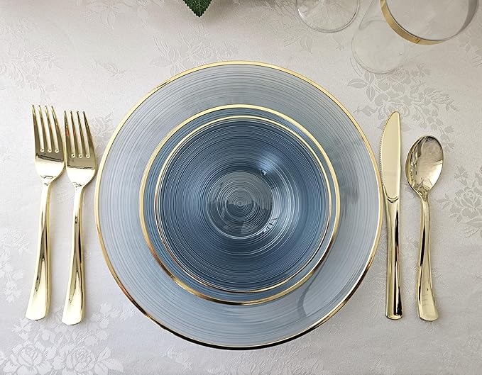 OCCASIONS 50 Plates (25 Guests) Blue and Gold Disposable Plastic Plates, Heavy Duty Elegant Fancy for Wedding Party - 25x10'' Dinner + 25x7'' Salad & Dessert - BPA Free, Belize in Blue & Gold