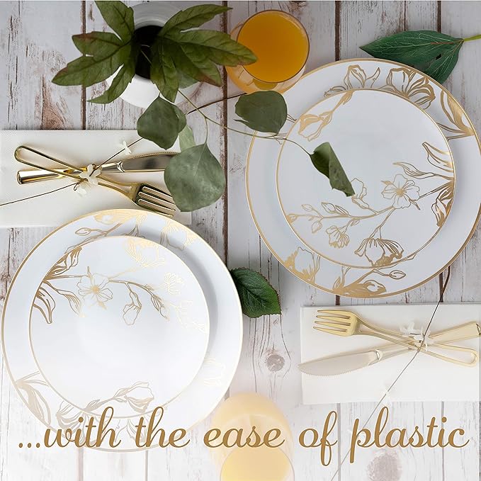 PLASTICPRO 80 Piece Combo Plates Set includes 40-7'' inch Plates & 40-10'' inch Plate White Plastic Floral Design Party Plates With Gold Rim, Premium heavyweight Elegant, Tableware,