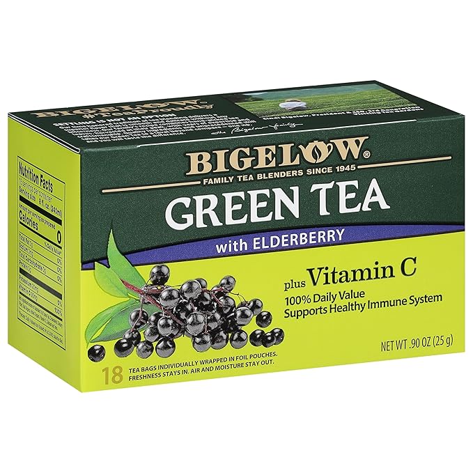 Bigelow Tea Green Tea Elderberry plus Vitamin C, Caffeinated, 18 Total Tea Bags (Pack of 1)