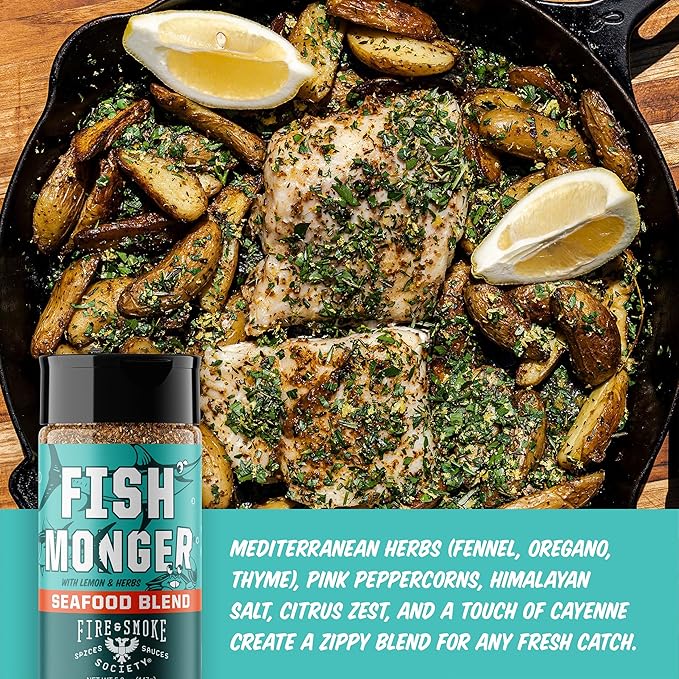 Fire & Smoke Society Fish Monger Seafood Seasoning | Fish Seasoning for Snapper, Swordfish, Tuna, Catfish, Salmon | Himalayan Pink Salt, Garlic, Aromatic Herbs, Lemon and Orange Peel | M 5.2 oz
