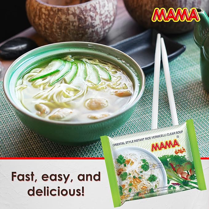 MAMA Noodles Vermicelli Clear Soup Instant Rice Noodles w/Delicious Thai Flavors, Hot & Spicy Noodles, No Trans Fat w/Fewer Calories Than Deep Fried Noodles 30 Pack