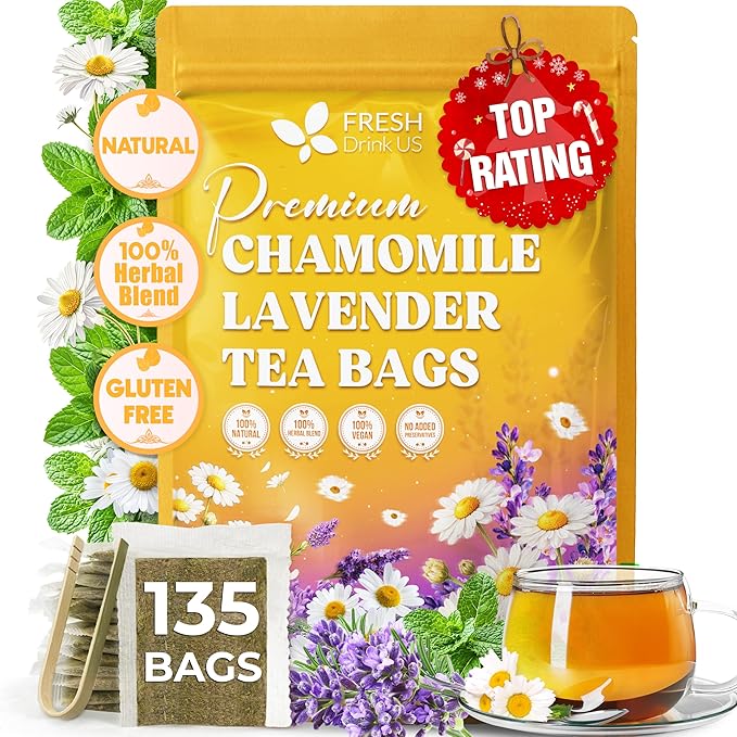 FreshDrinkUS, Premium 135 Chamomile Lavender Tea Bags, 100% Natural Herbal Ingredients, Hand-made Blend of Chamomile Lavender Flowers, Eco-conscious Tea Bags. No Sugar, No Caffeine, No Gluten, Vegan