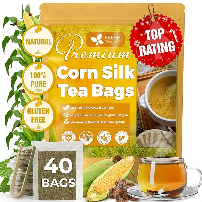 FreshDrinkUS, Premium 40 Tea Bags Corn Silk Tea, 100% Natural & Pure from Corn Silk. Corn Silk Herbal Tea. Clean Ingredients. Made with Natural Material Tea Bags. No Sugar, No Caffeine, Vegan.