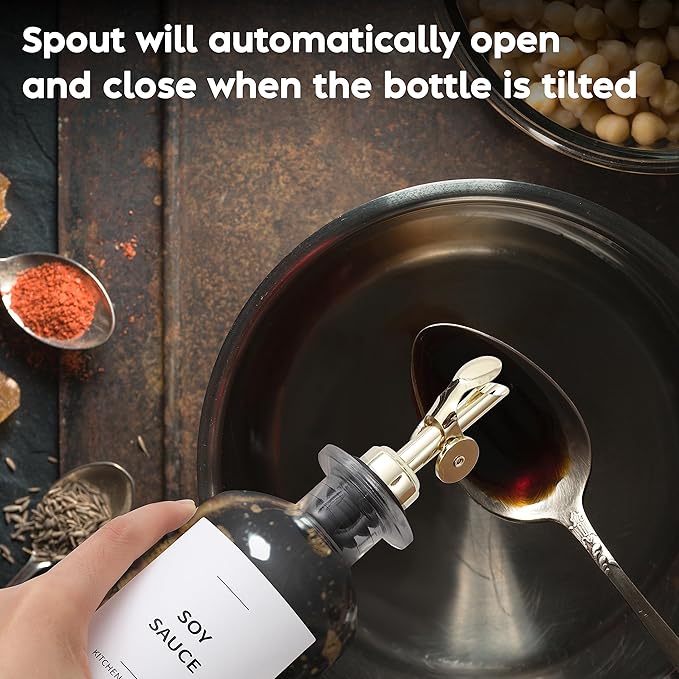 Spaceneat Oil Dispenser for Kitchen - Glass Olive Oil Bottle Set of 2 (11.8oz) with Gold Weighted Self-Closing Pourer - Cooking Oil Dispenser with 66 Labels, Aligner & Funnel
