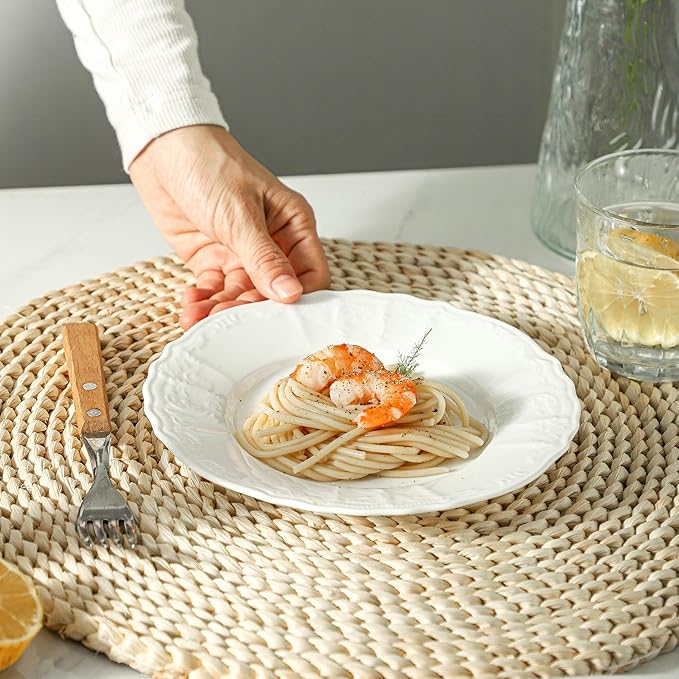 Neaylfe 8 Piece Embossed Ceramic Appetizer & Dessert Plates, 7.5 Inch White Round Salad Plate, Porcelain Dinner Dishes for Dessert, Cake, Snack, Waffles, Dishwasher & Microwave Safe