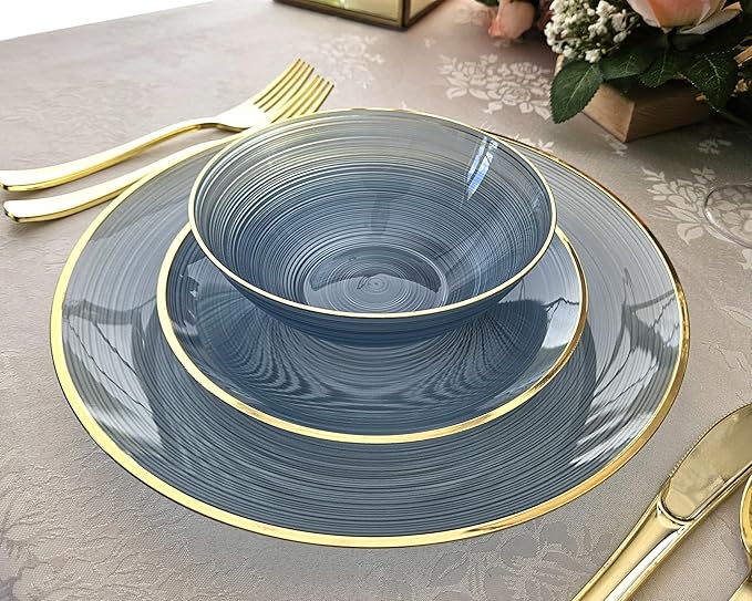 OCCASIONS 50 Plates (25 Guests) Blue and Gold Disposable Plastic Plates, Heavy Duty Elegant Fancy for Wedding Party - 25x10'' Dinner + 25x7'' Salad & Dessert - BPA Free, Belize in Blue & Gold