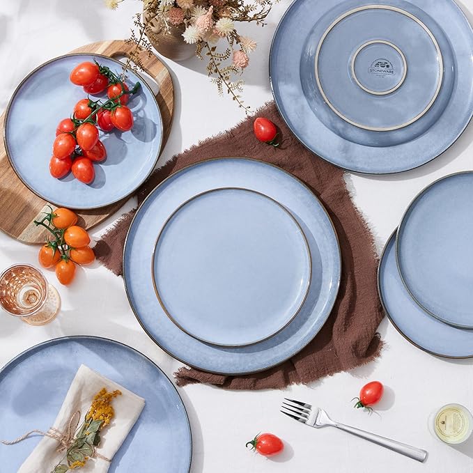 Herogo 4-Piece Stoneware Dinner Plates Set, 10.43" Ceramic Round Plate Set, Handmade Double Reactive Glaze Dinnerware Plates for Kitchen, Microwave, Oven and Dishwasher Safe, Haze Blue