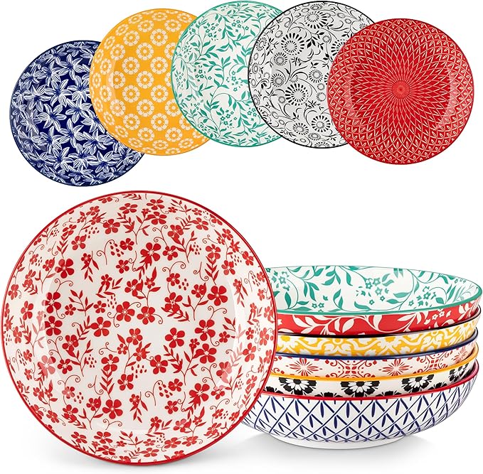 vancasso Selene 8.5" Pasta Bowls Set of 6, 40 oz Porcelain Shallow Salad Bowls, Serving Bowls Pasta Dishes Plates Large Kitchen Bowl Plates, Vivid Floral Design, Microwave Safe, Series SELENE