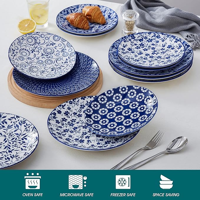 vancasso Ceramic Salad Plates Set of 6, Small Vintage 8.25 Inch Plate Set of 6 for Kitchen, Porcelain Blue and White Dessert Plates for Kitchen, Microwave Oven Dishwasher Safe, Vintage Gift
