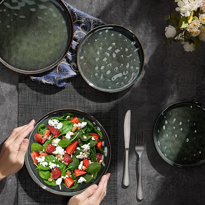 LIANYU Ceramic Dessert Plates Set of 6, 7.9 Inch Kitchen Dinner Plates Set, Porcelain Serving Dishes for Cake, Bread, Salad, Snack and Steak, Microwave, Oven and Dishwasher Safe, Ink Green