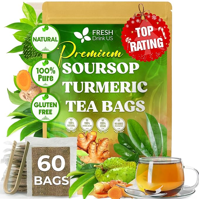 FreshDrinkUS, Premium 60 Soursop Turmeric Tea Bags, 100% Natural, Blend of Soursop Leaves, and Turmeric Root. Made with Natural Material Tea Bags. No Sugar, Vegan.
