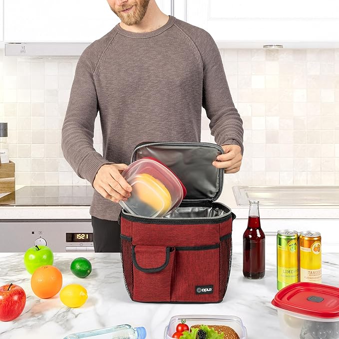 opux Insulated Lunch Box for Men Women Kids, Leakproof Reusable Lunch Bag Cooler for Work School Office, Soft Thermal Lunchbox Tote with Shoulder Strap for Boys Girls Adults, Heather Red, 18 Can/10L